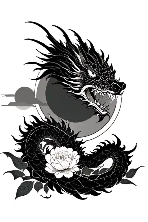 Realistic Japanese Dragon With Peonies And A Sun