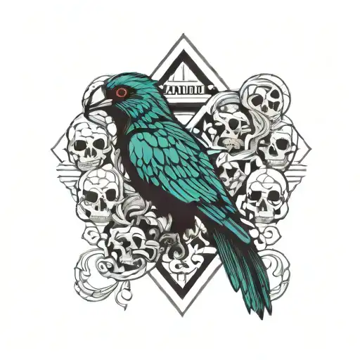 Quetzal Bird Next To Mexican Skulls