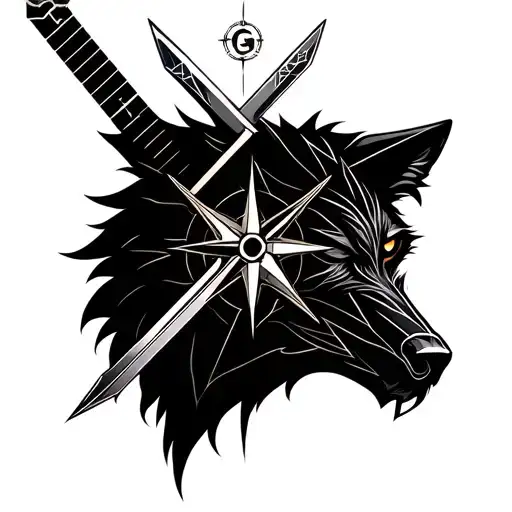 Geo Matric Wolf Head With Sword And Geo Compass Design