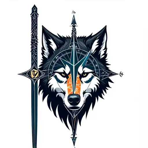 Half Wolf Head With Selestial Sword And Geo Compass