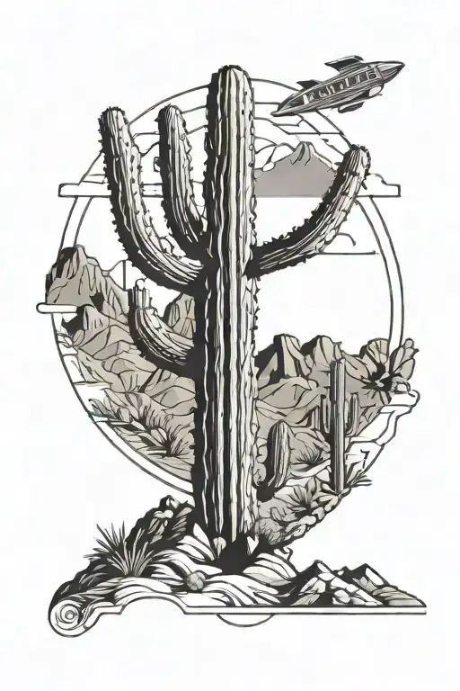 Design A Saguaro Cactus With Mountains Behind And A Small Missile Flying Between The Mountains