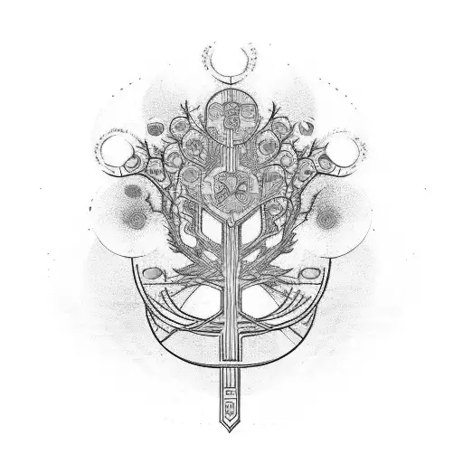 Cyberpunk Tree Buddhist Petal Structure And Viking Runes Paintbrush Swoosh