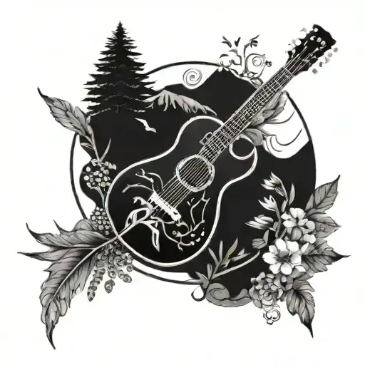 A Blackwork Tattoo Of A Guitar Surrounded By Nature Elements For Rock & Metal Music Lovers