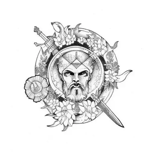 Greek Mythology With Flowers And Sword And The Earth