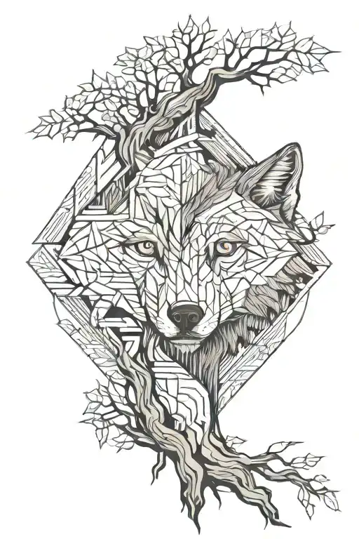 A Wolf In A Tree Trunk