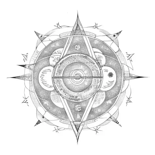 Japanese Enso Circle With 4 Moons And A Triangle With An Arrow Trhoug