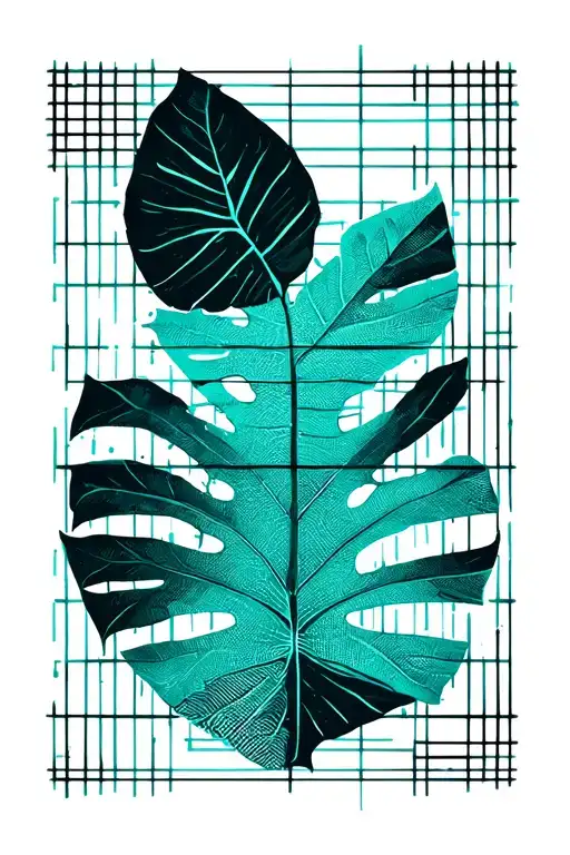Thin Lined Teal Geometrick Grid Style With Abstract Dotwork Monstera