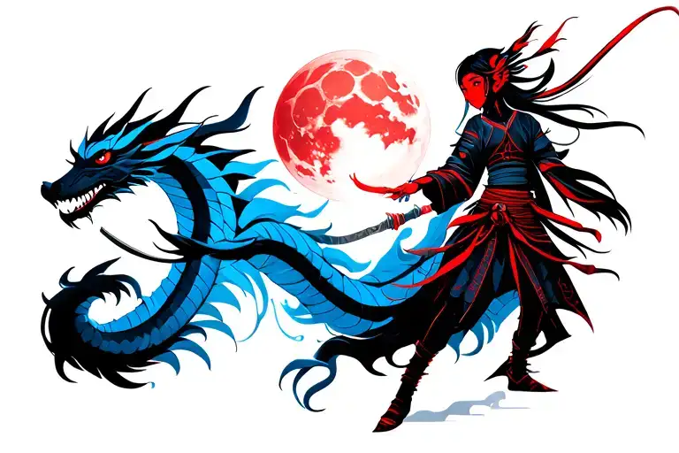 Shadowy Red Dark Onimask Girl Samurai Holding A Lunar Moon With Blue Dragon Background