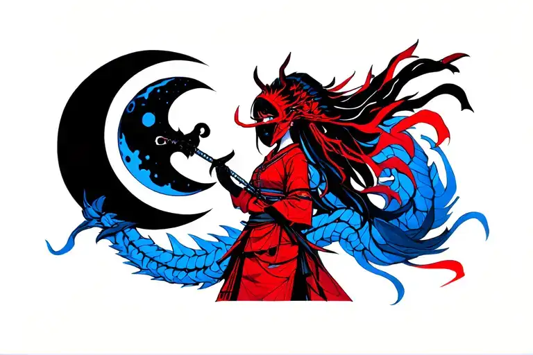 Shadowy Red Dark Onimask Girl Samurai Holding A Lunar Moon With Blue Dragon Background