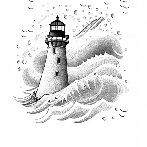 A Lighthouse Shining In The Rain With Large Waves Crashing Against It
