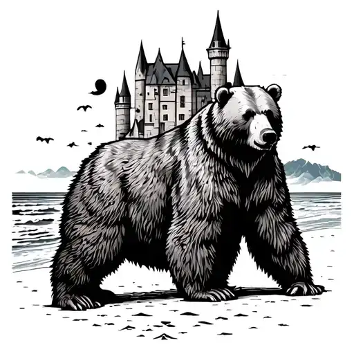 Bear In Front Of A Castle Surrounded By Beach