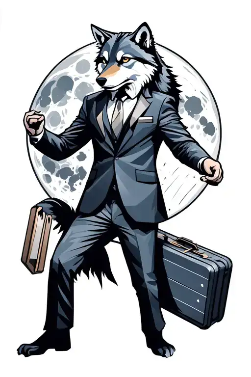 Wolf In Suit Dancing Under Full Moon With Suitcase In Hand