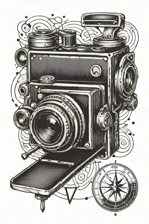 A Tattoo Design Of A Vintage Film Camera Surrounded By Musical Notes And A Compass Indicating Travel