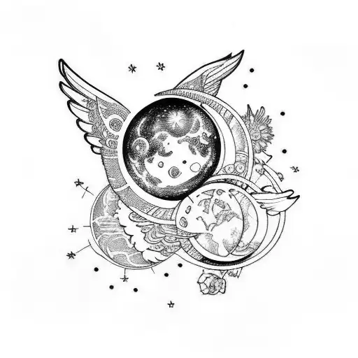 Wings With Moon And Planets And Flowers