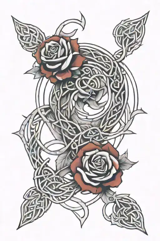 Medieval Dragol With Red Roses Wrapped In A Celtic Triquetra