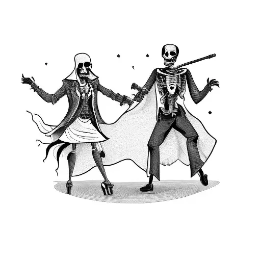 The Grim Reaper Dancing With A Woman In Front Of A Coffin
