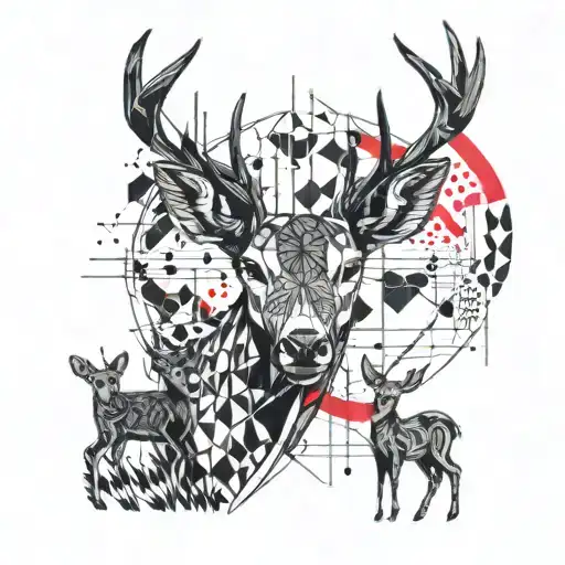 Deer With Three Baby Deer's In Background Black And White With Some Red Elements Trash Polka