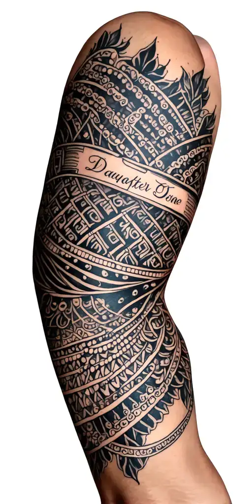 Right Arm Sleeve Tattoo Featuring Daughter's And Wifes Names In Beads