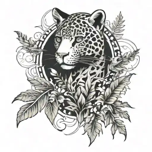 Gothic Jaguar And Dragon With Leafs And Ferns And Birds
