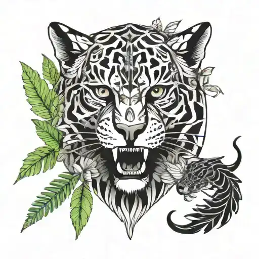 Gothic Jaguar And Dragon With Leafs And Ferns And Birds