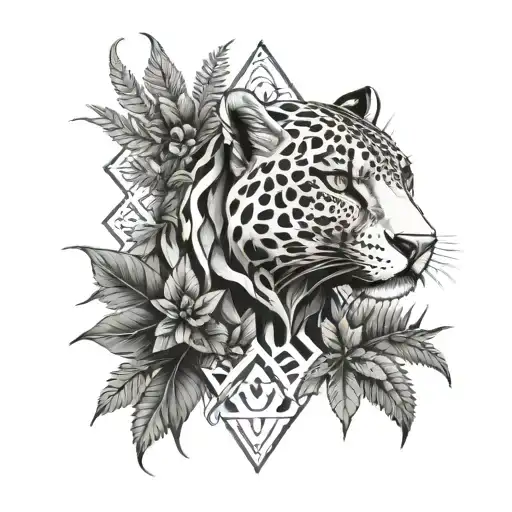 Gothic Jaguar And Dragon With Leafs And Ferns And Birds