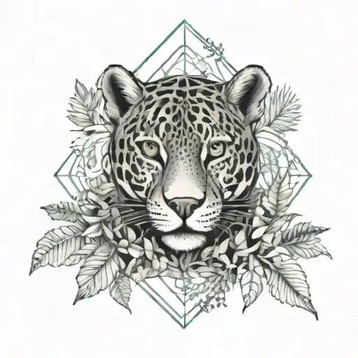 Jaguar With Dragon With Leafs And Ferns And Birds