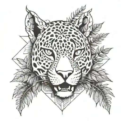 Jaguar With Dragon With Leafs And Ferns And Birds