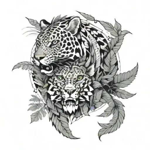 Dragon And Jaguar With Ferns And Birds