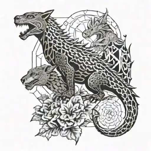 Dragon And Jaguar With Ferns And Birds