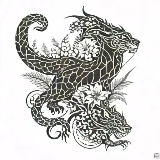 Dragon And Jaguar With Ferns And Birds