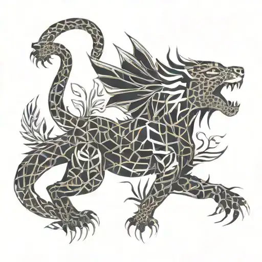 Dragon With Jaguar With Ferns And Birds