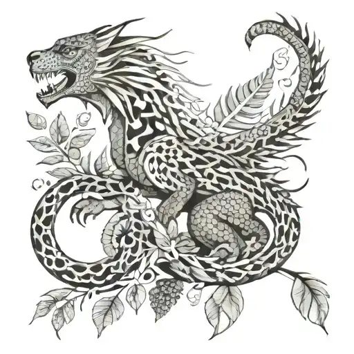 Dragon And Jaguar With Ferns And Birds