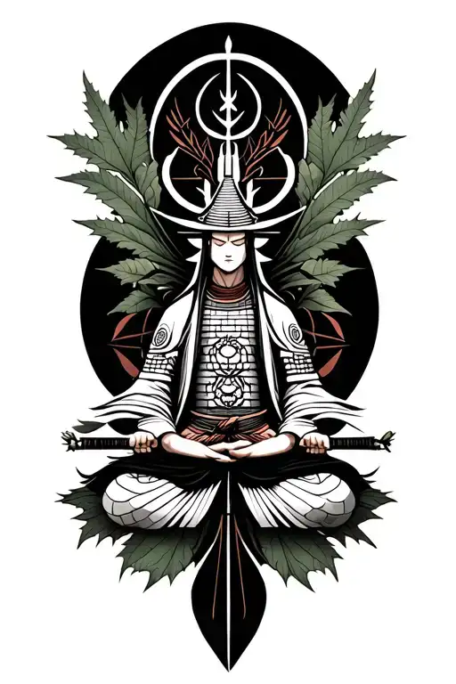 Mapple Leaf And Samurai Warrior Meditating