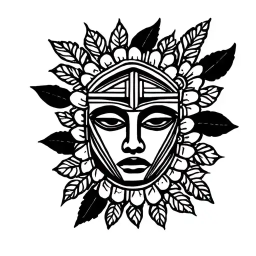 Aztec Face Surrounded By Leaves And Flowers