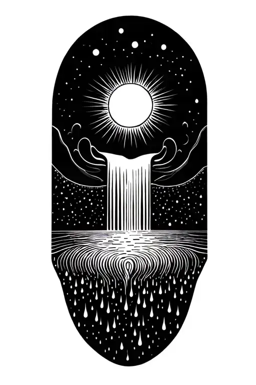 A Sun Flowing Into A Universe That Turns Into A Waterfall With Rain Drops At The Bottom