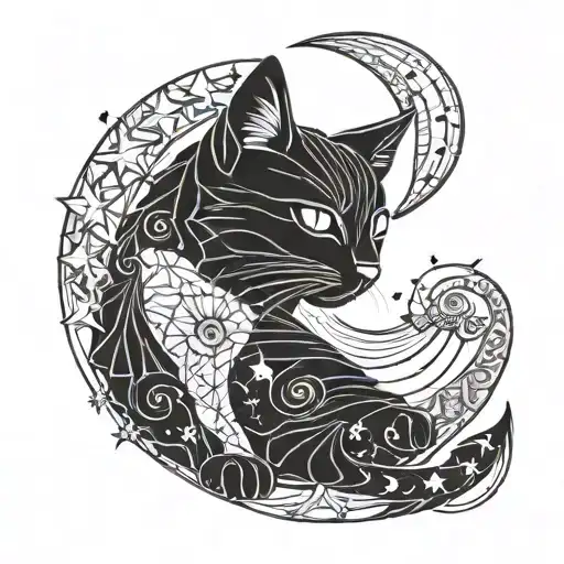 Black Furry Cat Sitting On A Crescent Moon With Stars