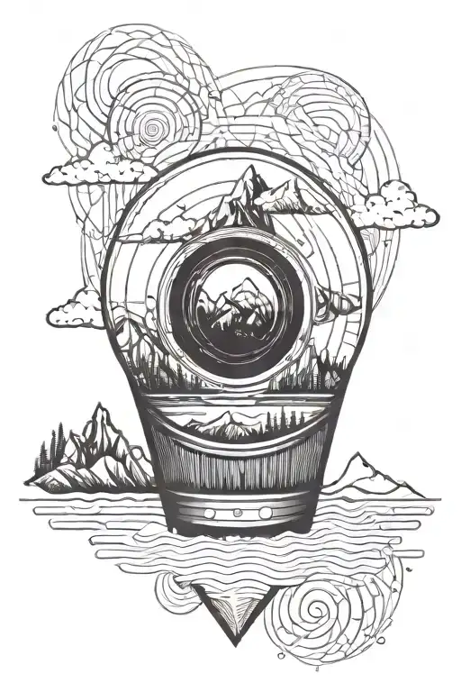 Mountain Range With River Inside A Camera Lens Surrounded