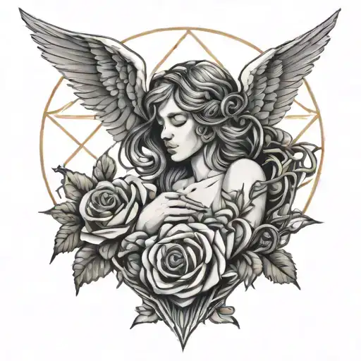 Angel Wings Woman With Tear Holding Roses And Wreath Entwined With Chain