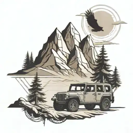 Mountain Scene With A Jeep Driving And Soaring Eagle