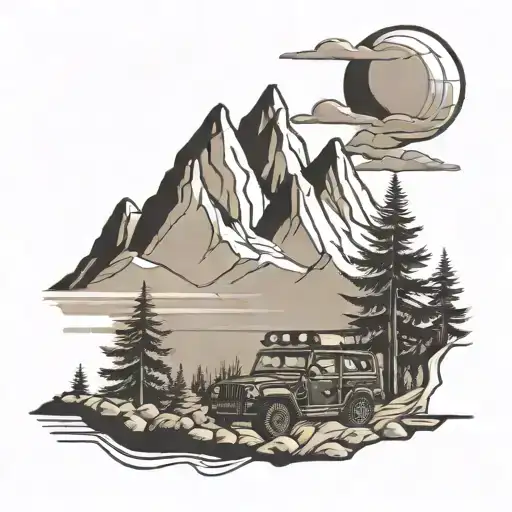 Mountain Scene With A Jeep Driving And Soaring Eagle