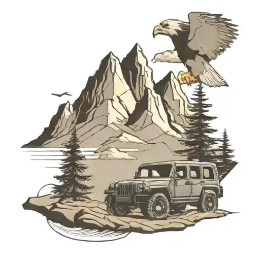 Mountain Scene With A Jeep Driving And Soaring Eagle