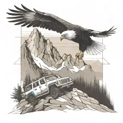 Mountain Scene Eagle Flying And Jeep Driving In The Foreground