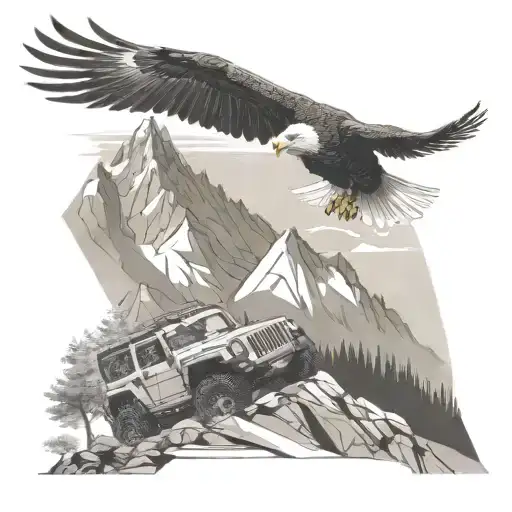 Mountain Scene Eagle Flying And Jeep Wrangler Driving In The Foreground