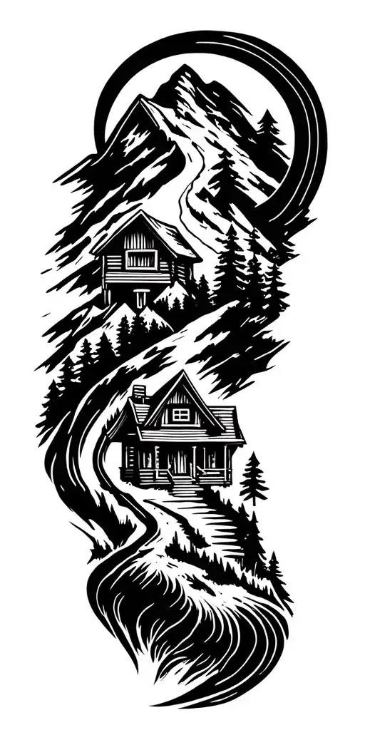 Mountain Cabin And Trail Winding Road Leading Its Pack