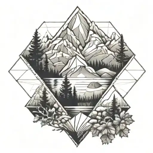 A Scene Of Moutains And Trees With A Rived Inside A Diamond