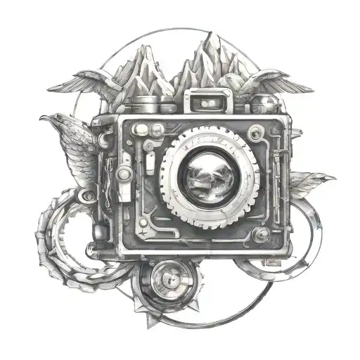 Steampunk Camera With Mountains Panorama With Eagle Wings