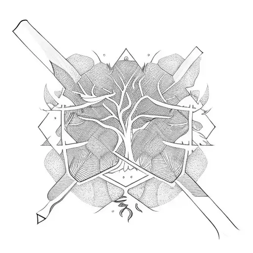 Lebanese Cedar Tree Wraps Her Roots Around An Eye And A Sword In The End In A Vertical Shape