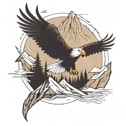 Mountain Lake With Eagle Flying