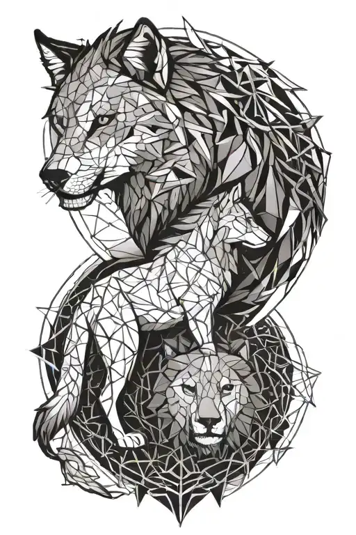 Wolf And Lion With A Sun Behind Them