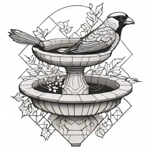Stone Bird Bath With A Cardinal On The Lip